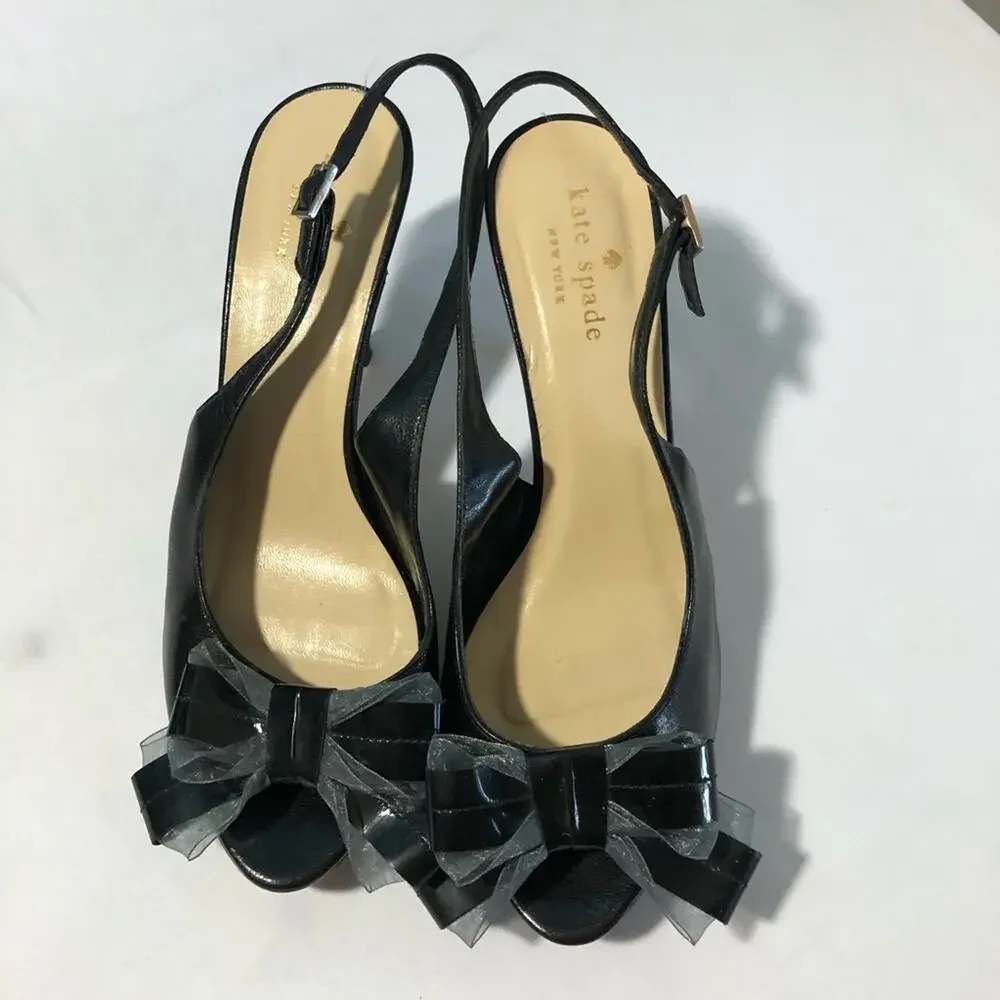 Kate Spade New York black leather slingback peep toe pumps sheer bows womens 6